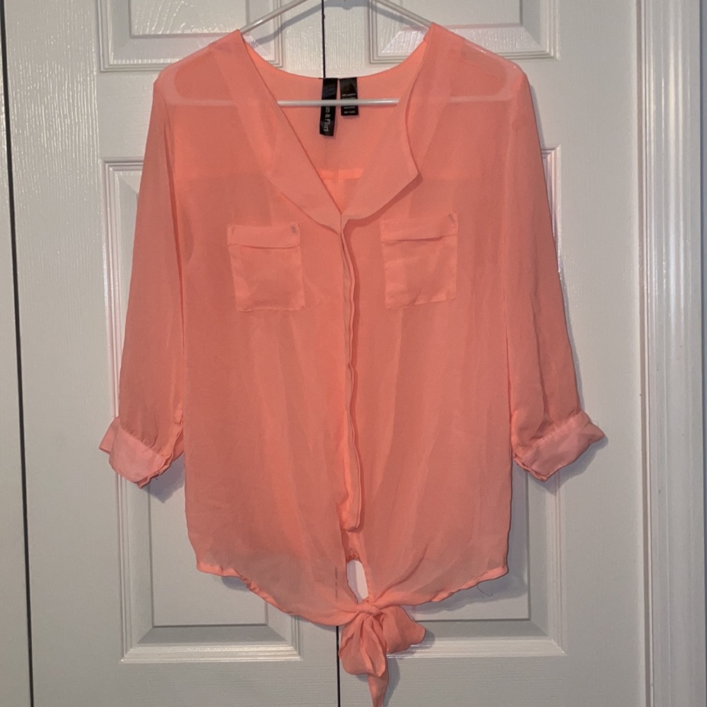 Sheer Coral Front Tie Blouse